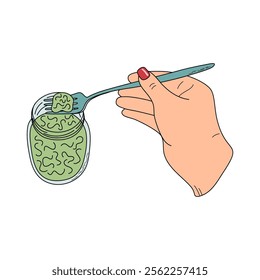 Hand extends fork to scoop food from jar. Step of fermentation. Tasting food during the canning process. Hand drawn vector illustration.