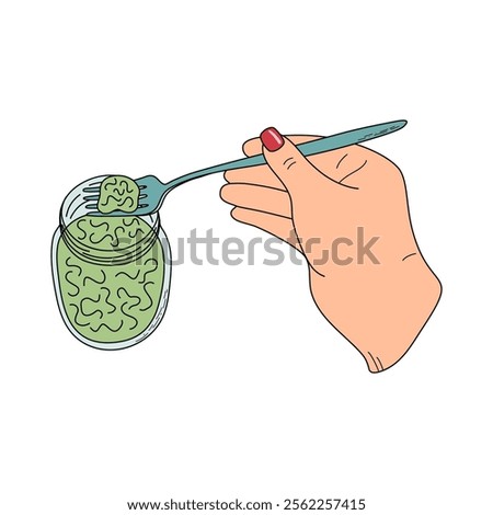 Hand extends fork to scoop food from jar. Step of fermentation. Tasting food during the canning process. Hand drawn vector illustration.