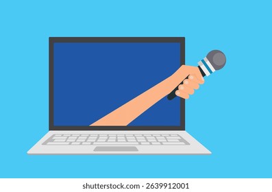 Hand extends a microphone from a laptop monitor