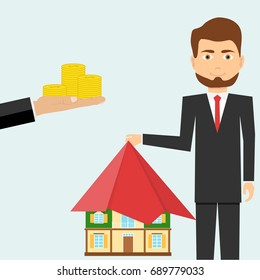 The hand extends money in exchange for real estate. Presentation house. Flat design, vector illustration, vector.
