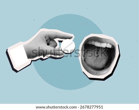A hand extends a white pill into an open mouth. Modern collage style. Vector illustration
