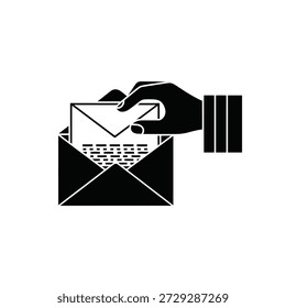 Extração manual de papéis de um envelope aberto simples preto e branco gráfico