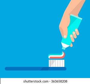 Hand Extrude A Toothpaste From A Tube On A Toothbrush. Hygiene And Teeth Care Concept. Isolated Vector Illustration Flat Design.