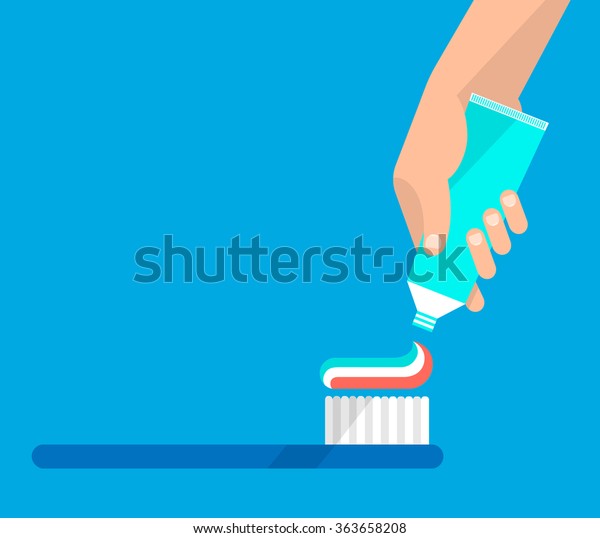 歯ブラシのチューブから手で歯磨き粉を押し出す 衛生と歯のケアのコンセプト 分離型ベクターイラストフラットデザイン のベクター画像素材 ロイヤリティ フリー