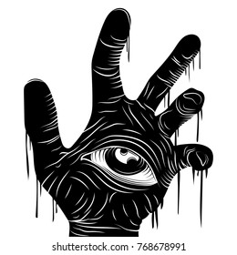 Hand and eye black vector line illustration