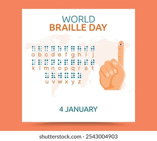 Un ojo de mano braille con fondo blanco. Celebración anual del Día Mundial del Braille el 4 de enero. Día de los ciegos, día mundial de los ciegos, día de la educación. mapa del mundo Vector. 