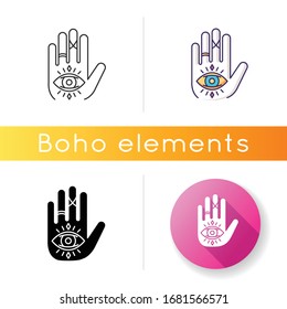 Hand and eye esoteric icon. Fortune teller mystic symbol. All seeing eye magical sign. Palmistry and future prediction talisman. Linear black and RGB color styles. Isolated vector illustrations