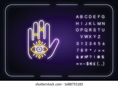 Hand and eye esoteric neon light icon. Fortune teller mystic symbol. All seeing eye magical sign. Outer glowing effect. Sign with alphabet, numbers and symbols. Vector isolated RGB color illustration