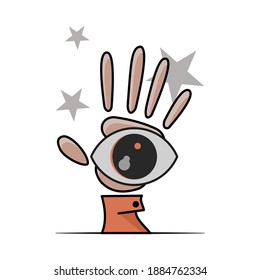 Hand with eye. Flat style illustration. Isolated on white background. 