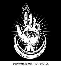 hand with eye and half moon hand drawn drawing style