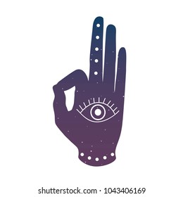 hand with eye mudra buddhism hinduism symbol icon silhouette space blue and purple sky star hipster vector.