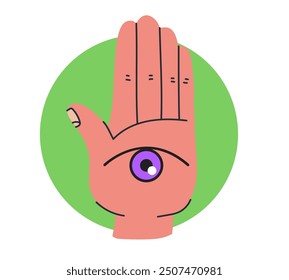 Hand with eye on palm esoteric symbol concept. Vector graphic design illustration element