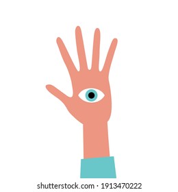 A hand with an eye in the palm. Flat style illustration.