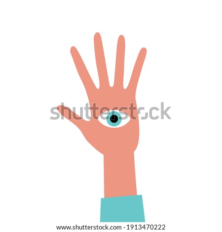 A hand with an eye in the palm. Flat style illustration.