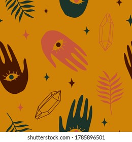 Hand mit der Augenpalme Vektorgrafik nahtloses Muster. Cute Halloween gelbe mystische Zauberschmuck für Wickelpapier und Stoffmuster.