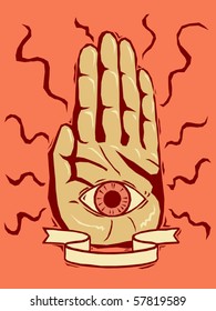 Hand and eye representing fortune telling in woodcut style