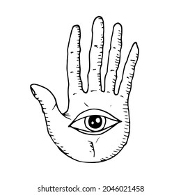 Hand und Auge. Vektorgrafik. Okkultes und magisches Symbol. Einzeln auf Weiß. Handgezeichnet.