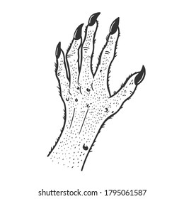 Hand of fabulous monster sketch engraving vector illustration. T-shirt apparel print design. Scratch board imitation. Black and white hand drawn image.