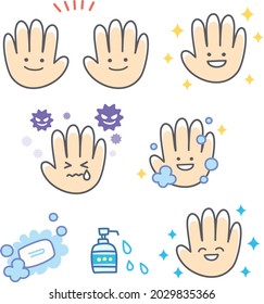 Hand facial expression set about hand washing and disinfection