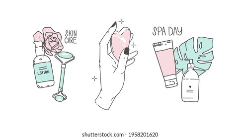 Hand with facial massager, gua sha. Cosmetics packaging, tropical leaves, monstera. Home skincare products, anti-aging procedure. Set of vector illustrations in a minimalist modern style. Line drawing