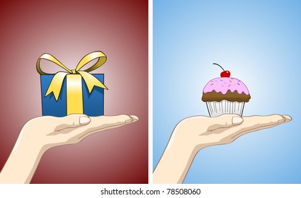 Hand facing upward with gift and cupcake on it. All items are in separated layers, feel free to put anything on the hand.