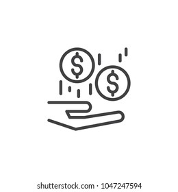 Hand with falling coins from above outline icon. linear style sign for mobile concept and web design. Donations simple line vector icon. Symbol, logo illustration. Pixel perfect vector graphics