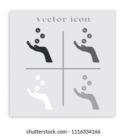 Hand with falling coins flat black and white vector icon.
