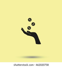 Hand with falling coins icon.