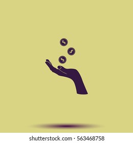 Hand with falling coins icon.