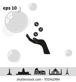 Hand with falling coins icon.