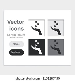 Hand with falling coins placed on web page template flat vector icon.