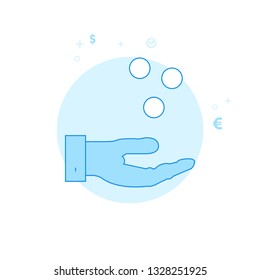 Hand and Falling Coins, Salary Flat Vector Icon. Money and Finance Illustration. Light Flat Style. Blue Monochrome Design. Editable Stroke. Adjust Line Weight. Design with Pixel Perfection.
