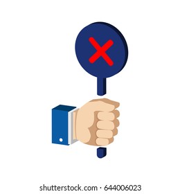Hand with false, reject sign. Flat Isometric Icon or Logo. 3D Style Pictogram for Web Design, UI, Mobile App, Infographic. Vector Illustration on white background.
