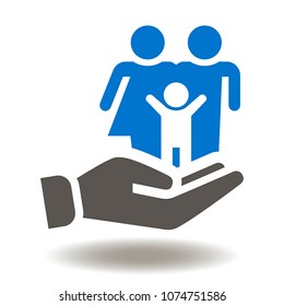 Hand with Family Icon. Hand give Mother Phather Kid Illustration. Safety Protection People Logo. Insurance Human Life Symbol. Family Happiness Sign.