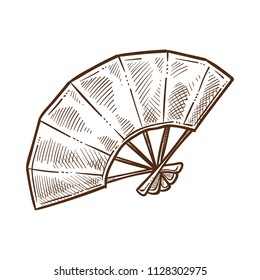 Hand fan сhinese attributes monochrome sketch outline vector illustration