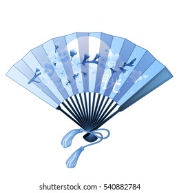 Hand fan in blue colors with traditional japanese sakura design. Translation of the hieroglyph - moon light. Vector illustration isolated on white background