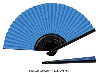 Hand fan, blue, open and closed, three-dimensional, realistic - isolated vector illustration on white background.