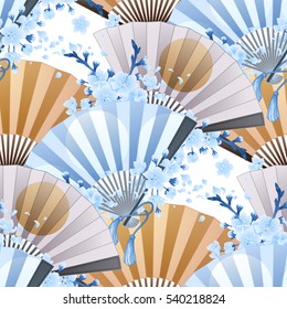 Hand fan in blue, white and golden colors with traditional japanese design and sakura decorations. Vector seamless pattern