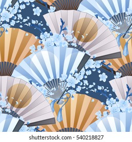 Hand fan in blue, white and golden colors with traditional japanese design and sakura decorations. Vector seamless pattern