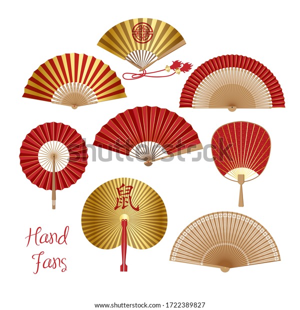 Hand fan. Chinese and Japanese paper folding fan
vector. Traditional oriental red and gold hand fan collection on
white background. Chinese souvenir with asian decoration vector
isolated
