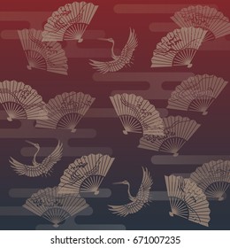 Hand fan and crane Japanese traditional pattern illustration