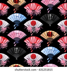 Hand fan in different colors colors with traditional japanese design and sakura decorations. Vector seamless pattern