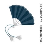 Hand fan flat vector illustration. Elegant female accessory for cooling air. Vintage women fashion element with white furry tassels. Retro ladies accessory, aristocracy, upper class society symbol