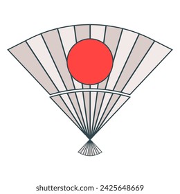 Hand fan, folding paper. Traditional fan with red round decoration. Design in cartoon style elements. Vector illustration