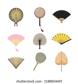 hand fan folding set cartoon. chinese paper, japanese wind, asian decoration, traditional hand fan folding vector illustration