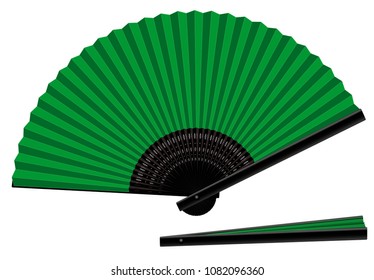 Hand fan, green an black, open and closed, three-dimensional, realistic - isolated vector illustration on white background.
