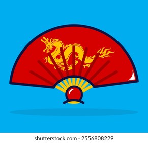 Hand fan icon with dragon picture. Chinese new year concept. Lineal color style. 