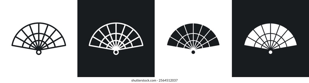 Hand fan icons collection in black filled and line style.