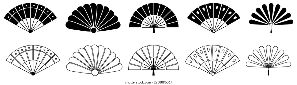 Colección de iconos del ventilador manual. Accesorio plegable oriental. Ilustración del vector aislada en fondo blanco