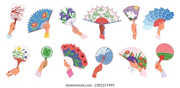 Hand fan icons. Collection of handheld icons isolated. Chinese and Japanese handheld fans. Icons of folding and rigid fans. Vector illustration. Paper folding hand fans, asian decoration held painting